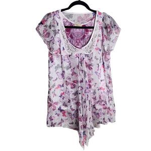 Y2K top purple & pink sheer butterfly overlay open front flutter sleeve Fairy M